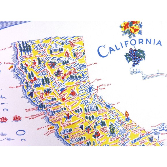 Vintage Country Souvenir Map of California Flour Sack Stretched Frame USA - Picture 2 of 4